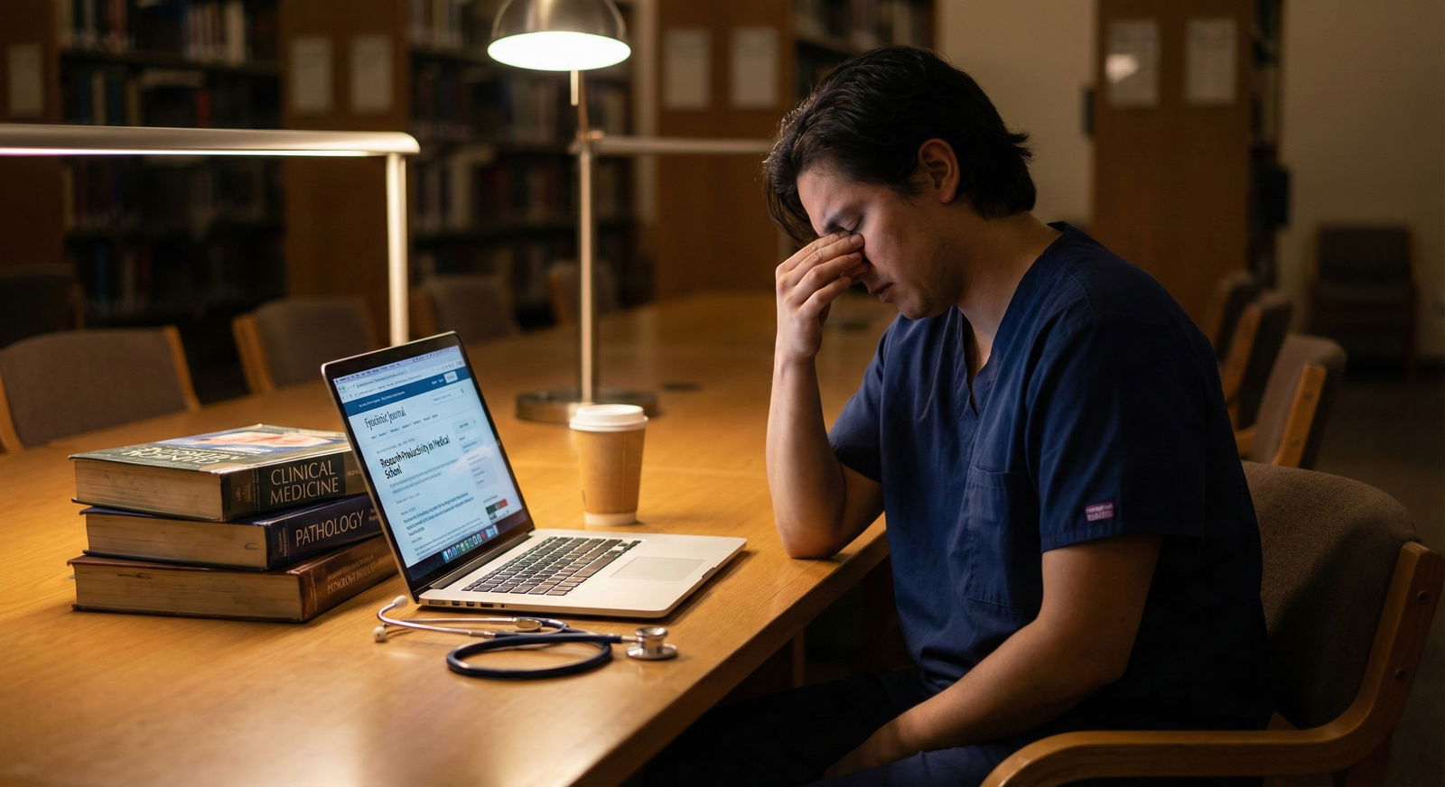 Medical student alone in library at night -  for Will a Gap in Research During MS3 Make Programs Question My Commitment?