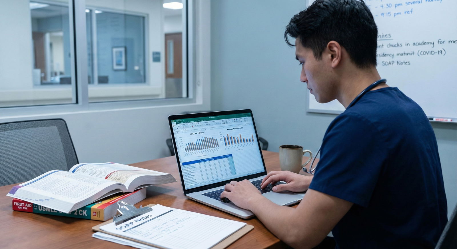 Medical student analyzing USMLE Step 2 CK score reports and Match statistics on a laptop -  for Step 2 CK and SOAP Outcomes:
