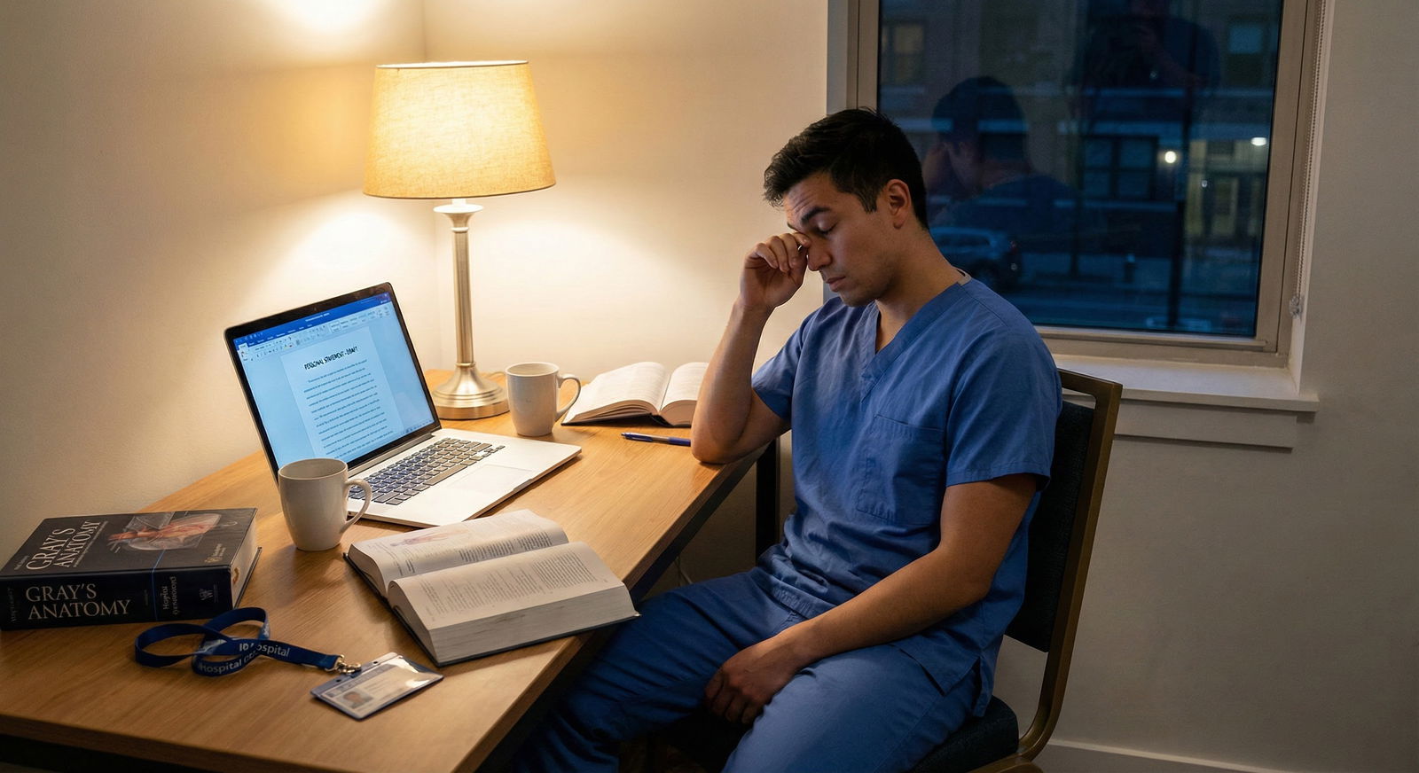 Medical student anxiously drafting residency personal statement at night -  for Red Flag Stories: Patient Encounters You Shou