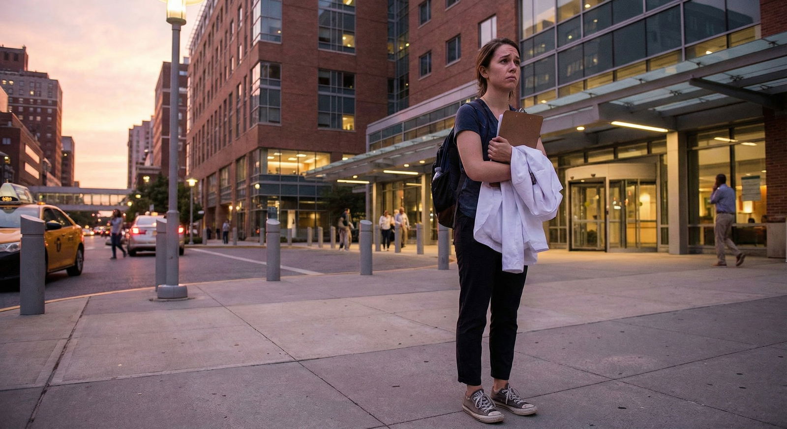 Medical student anxiously looking at hospital buildings from a distance -  for Scared to Do an Away Rotation: Is Staying Home