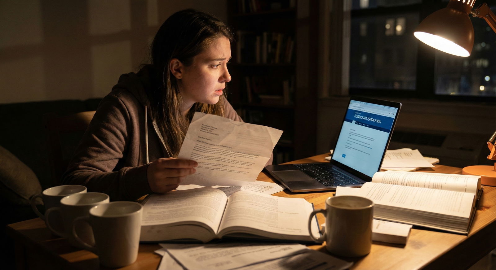 Medical resident studying late at night with exam score report on laptop -  for If You Needed Multiple Attempts for Step 2 CK