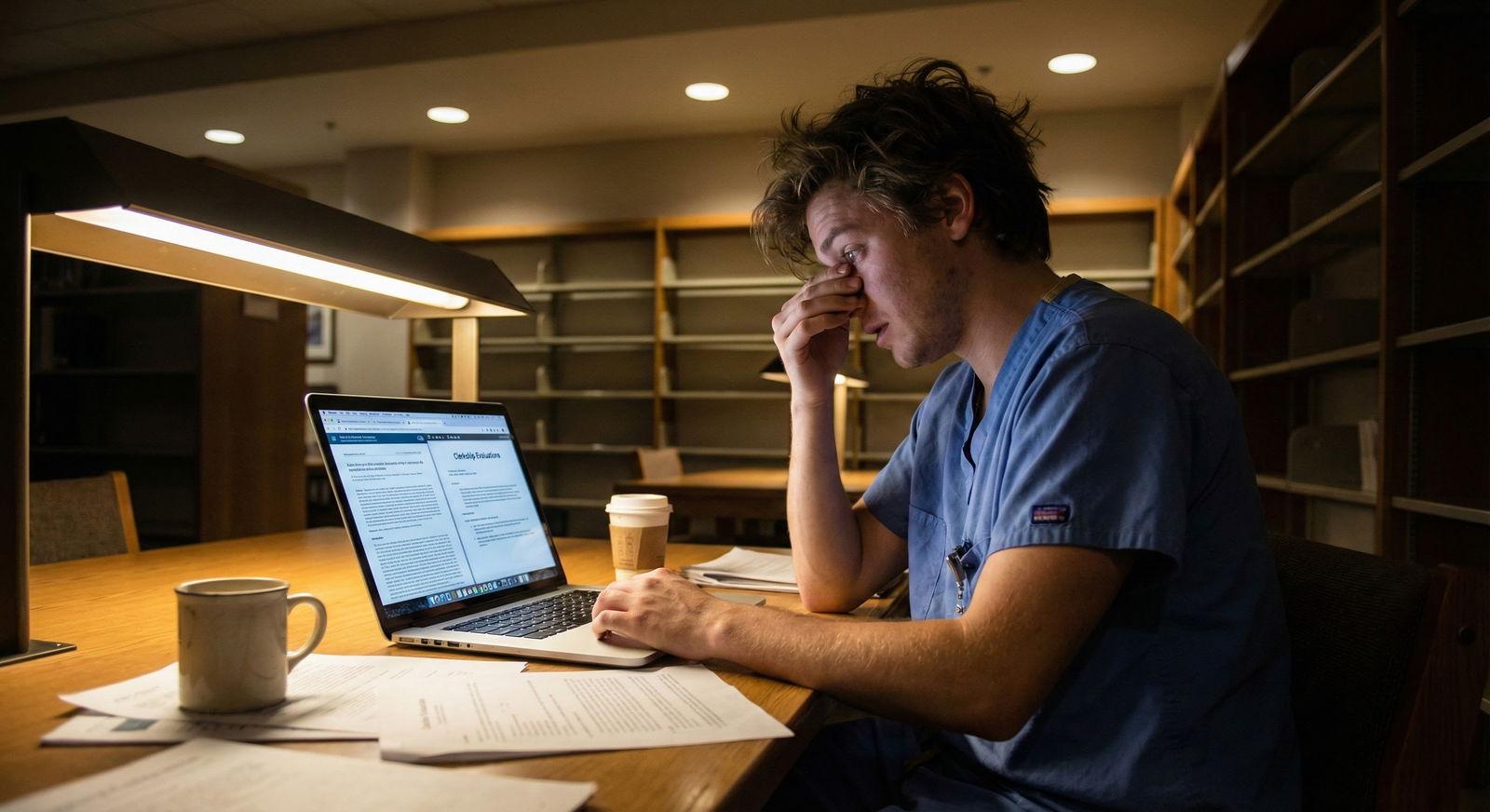 Medical student anxiously reviewing letters of recommendation on laptop in dimly lit library Medical student anxiously reviewing letters of recommendation on laptop in dimly lit library - for What If My Only Strong LO