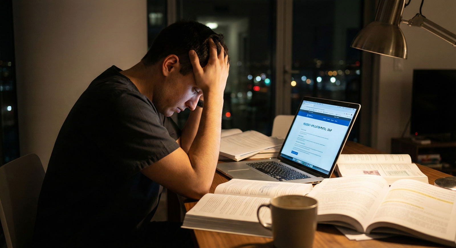 Medical student anxiously reviewing SOAP residency options on laptop at night -  for 13 SOAP Missteps That Quietly Kill Your
