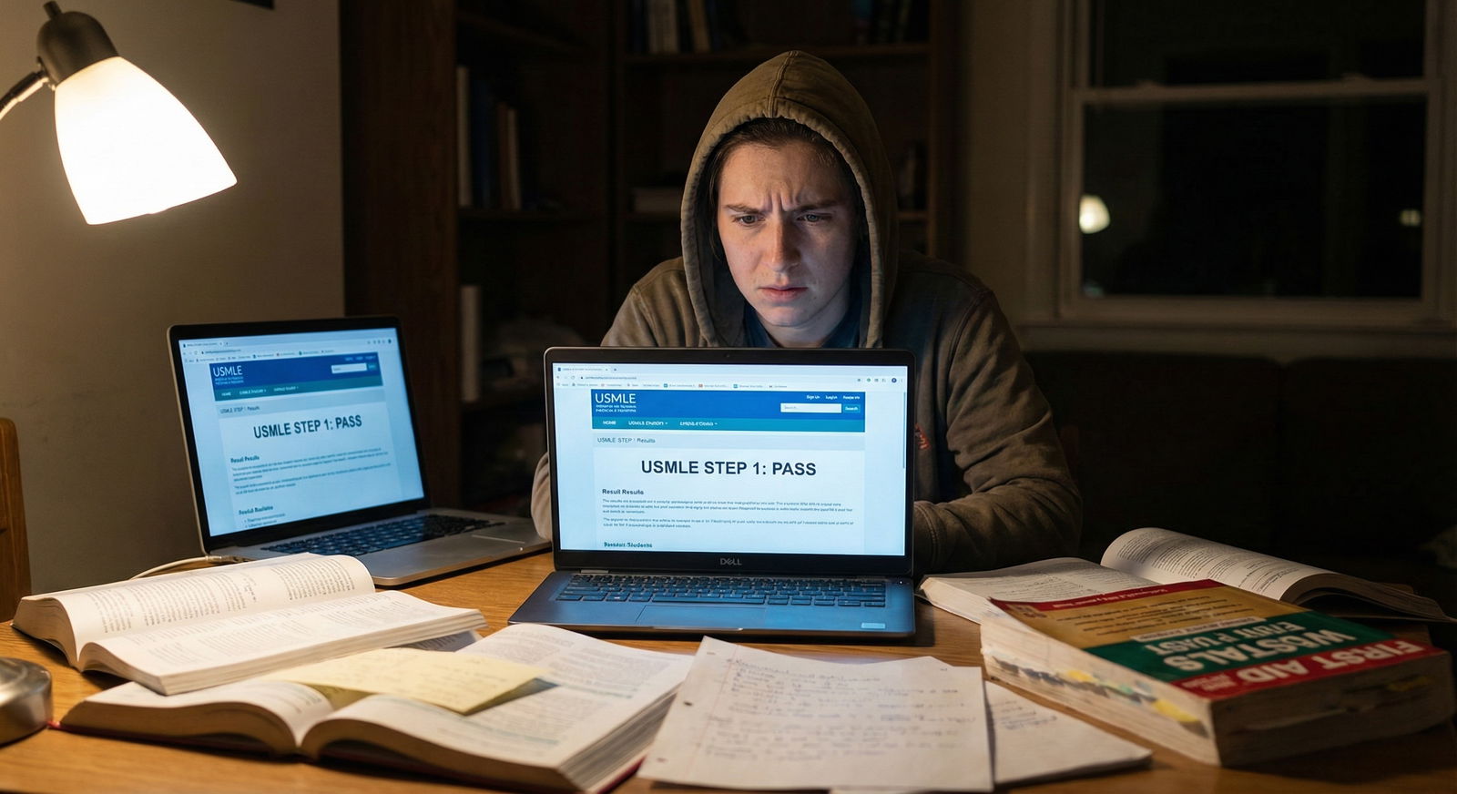 Medical student anxiously reviewing USMLE Step 1 results alone at night -  for What If I Barely Passed Step 1? How Much Do PD