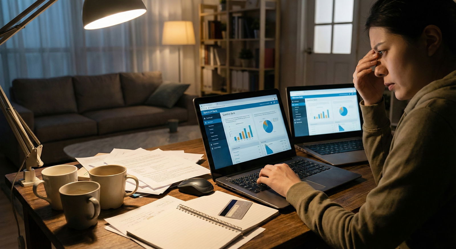 Medical student anxiously studying with multiple online question banks open -  for Anxiety About Buying Expensive Q-Banks: Ho