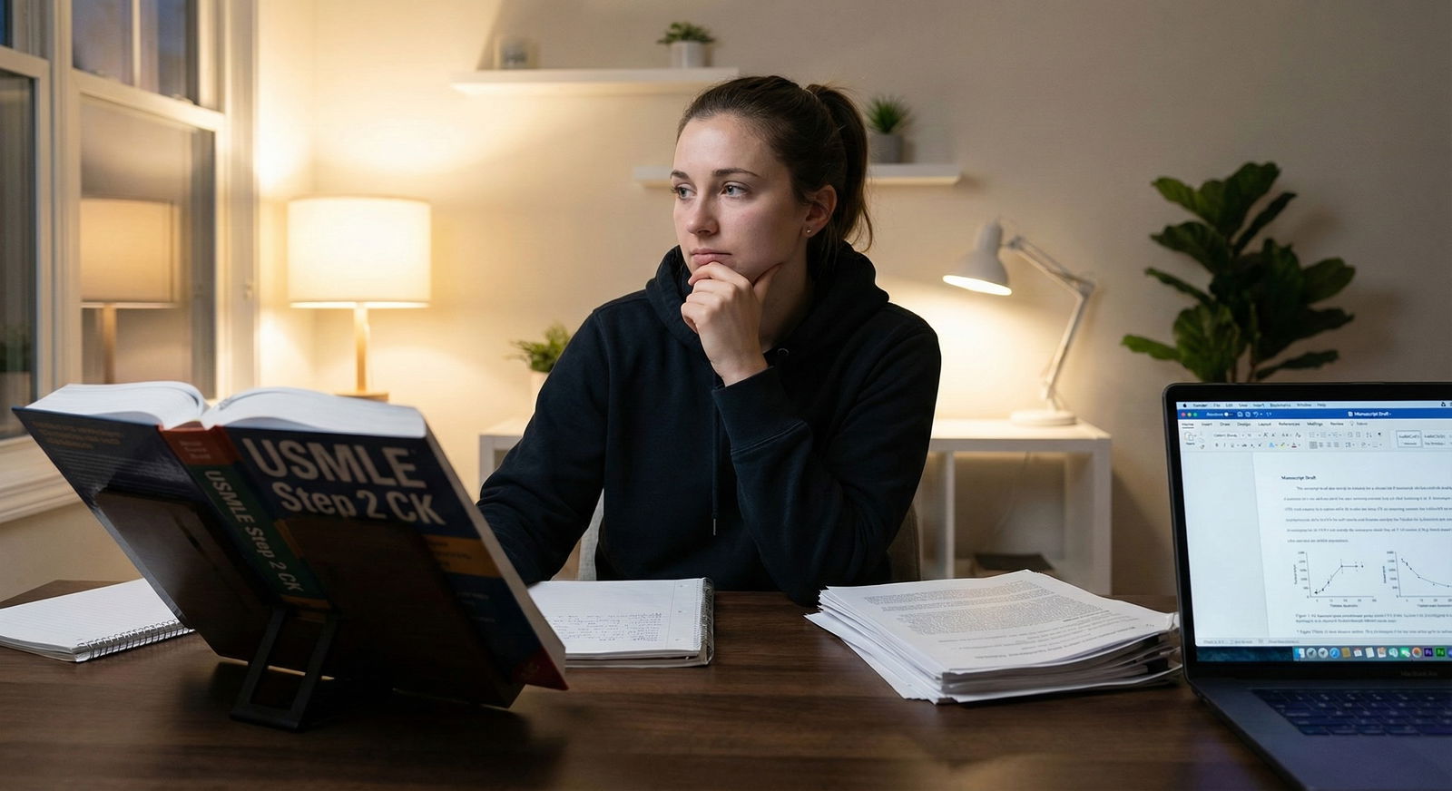 Medical student anxiously studying at desk at night -  for I Didn’t ‘Grind’ for P/F Step 1—Will That Haunt My Step 2 CK?