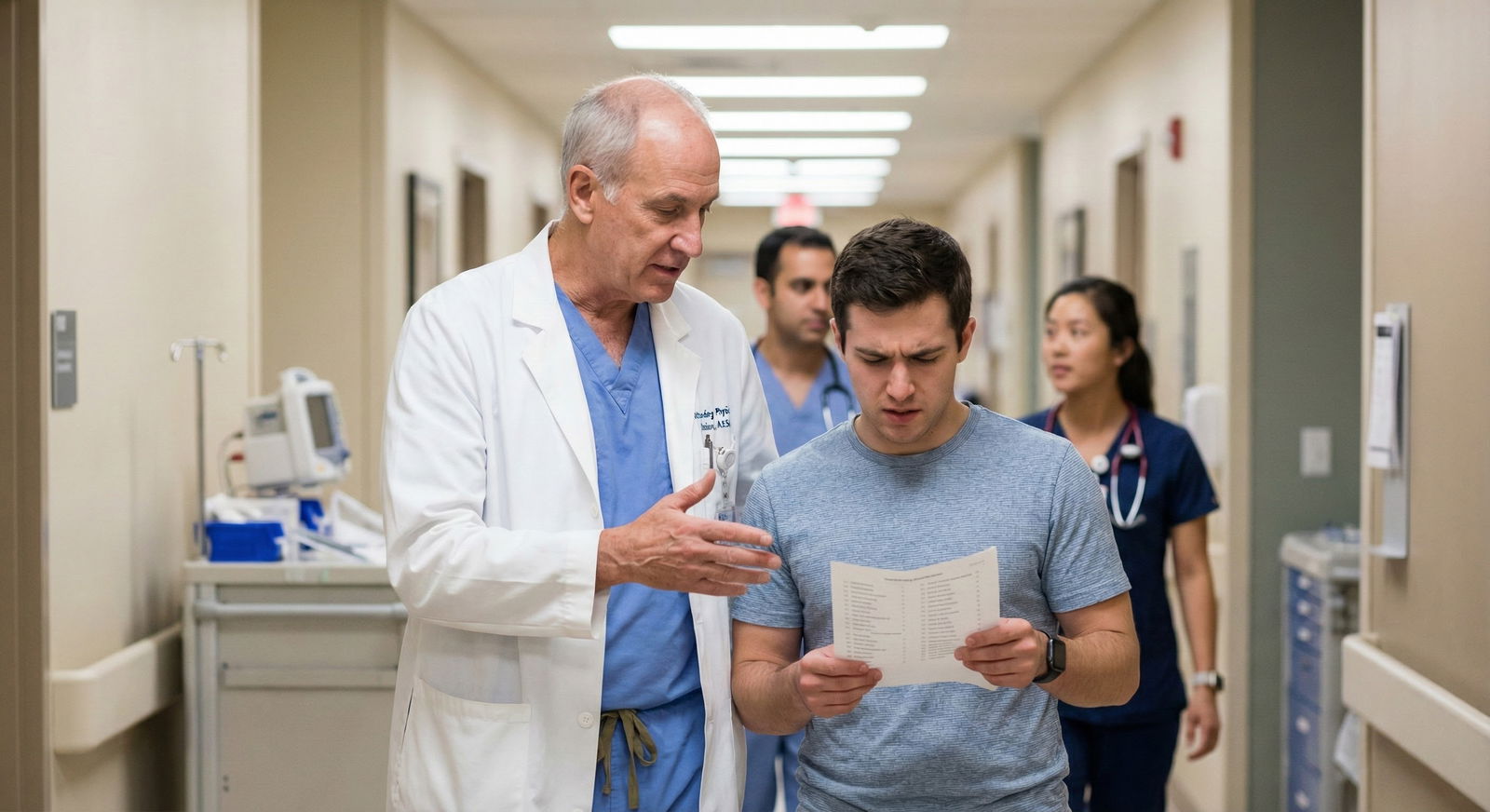 Two medical students sitting in a quiet hallway having an honest, emotional conversation -  for Worried Everyone Else Is Copi