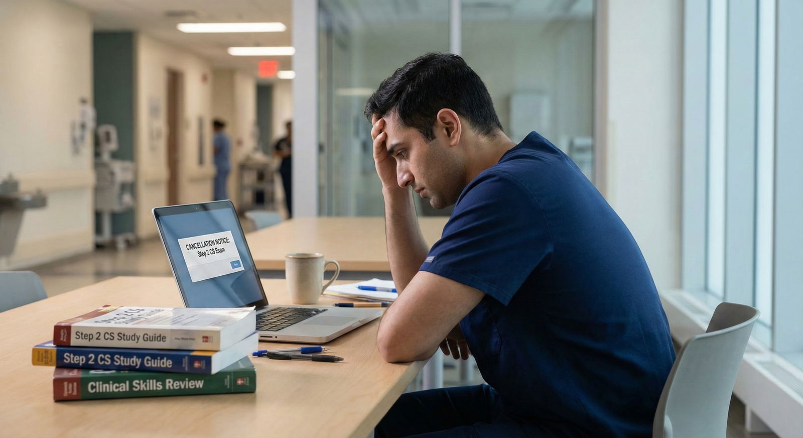 Medical student checking exam cancellation notice on laptop -  for Handling Step 2 CS Cancellation or Delay: Backup Plans and