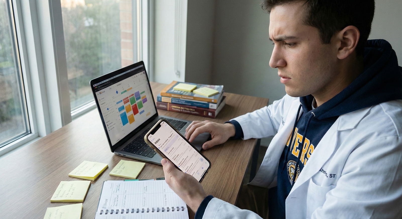 Medical student checking residency interview invitations on phone and updating calendar -  for ERAS Season for DOs: Week-by-W