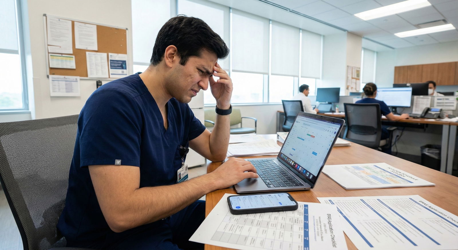 Calm morning of ERAS submission day with laptop and stethoscope -  for The Final 30 Days Before ERAS Opens: A Countdown Prepa