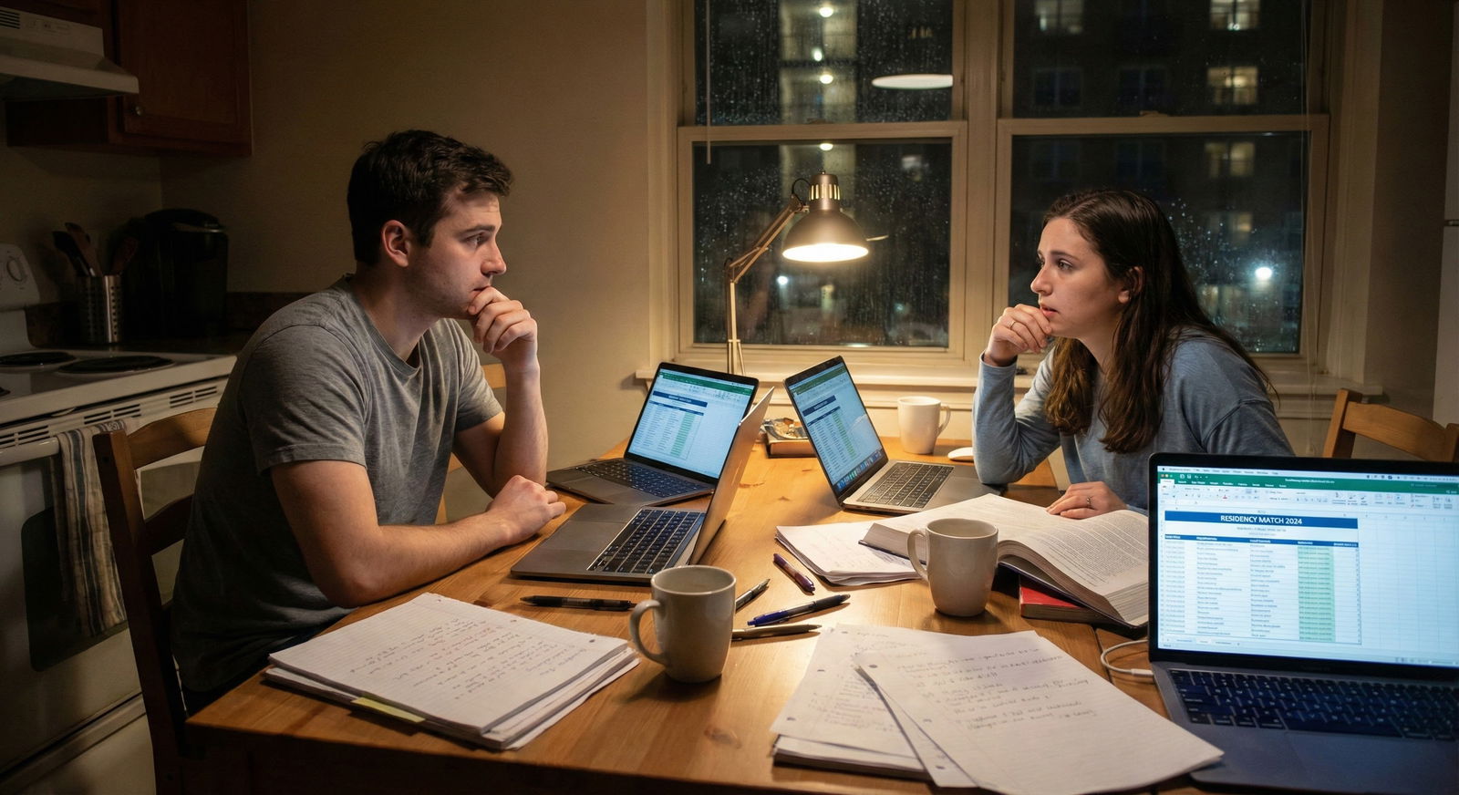 Medical student couple anxiously planning residency applications together at a small kitchen table covered in laptops, notepa
