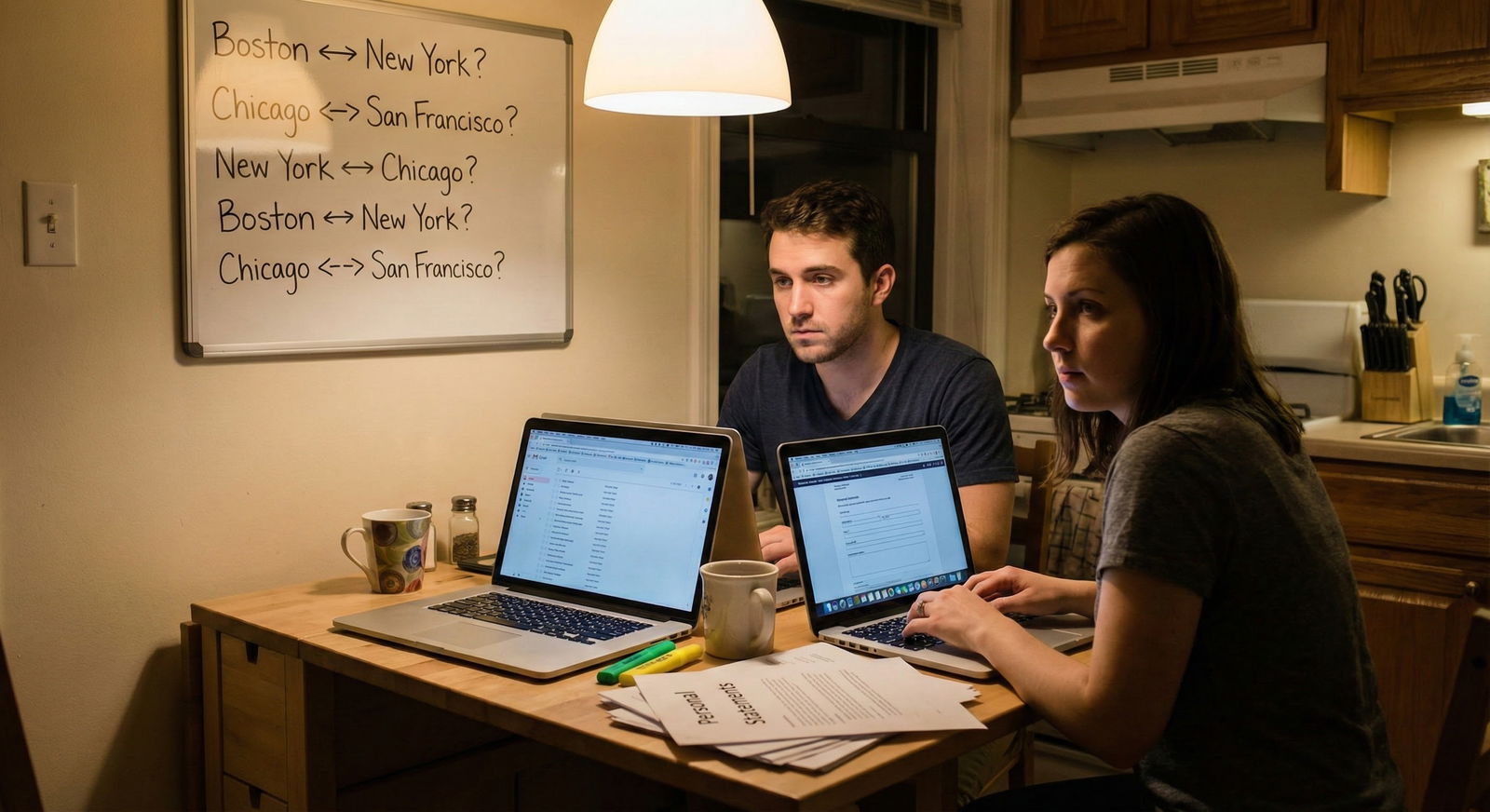 Medical student couple anxiously reviewing residency match options together at a kitchen table surrounded by laptops and note