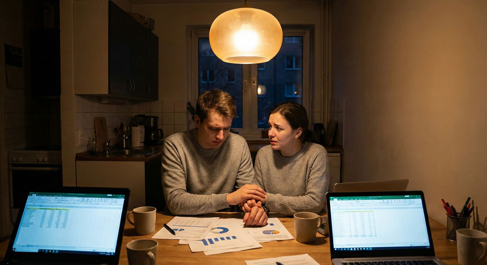 Medical student couple having an emotional late-night conversation at their kitchen table with rank list printouts around the