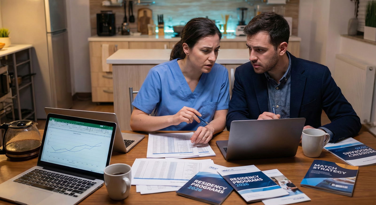 Medical couple reviewing residency match strategy together -  for How to Negotiate for Linked Positions When Only One Program
