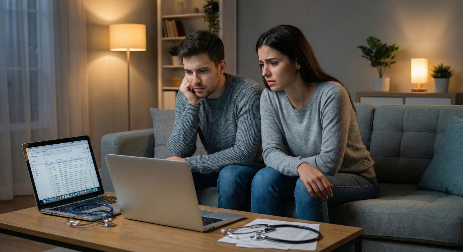 Medical student couple sitting together late at night, anxiously looking at a laptop with ERAS open and a spreadsheet of inte