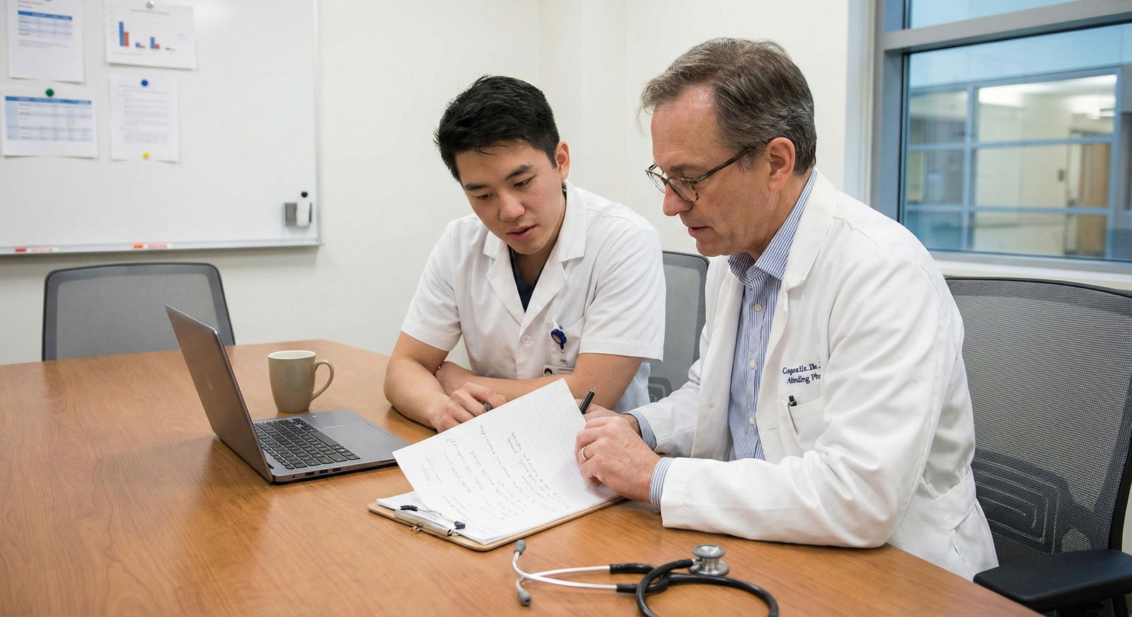 Medical student reviewing clinical evaluation notes in a quiet hospital hallway -  for Should You Repeat a Clerkship After a