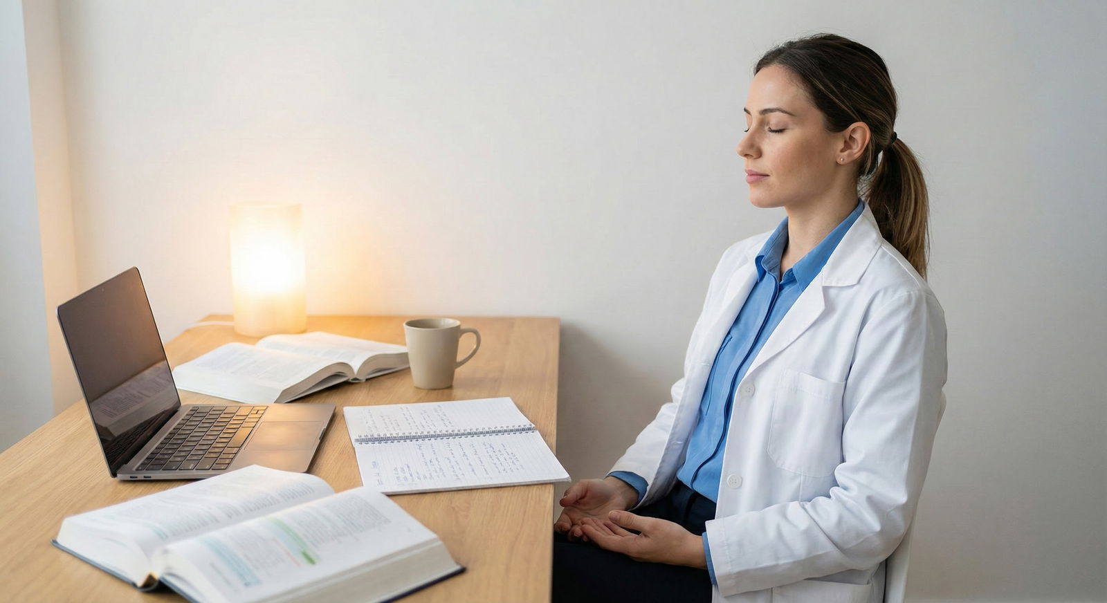 Medical student doing a brief breathing exercise before opening a laptop to start a practice exam -  for You Don’t Need to Be