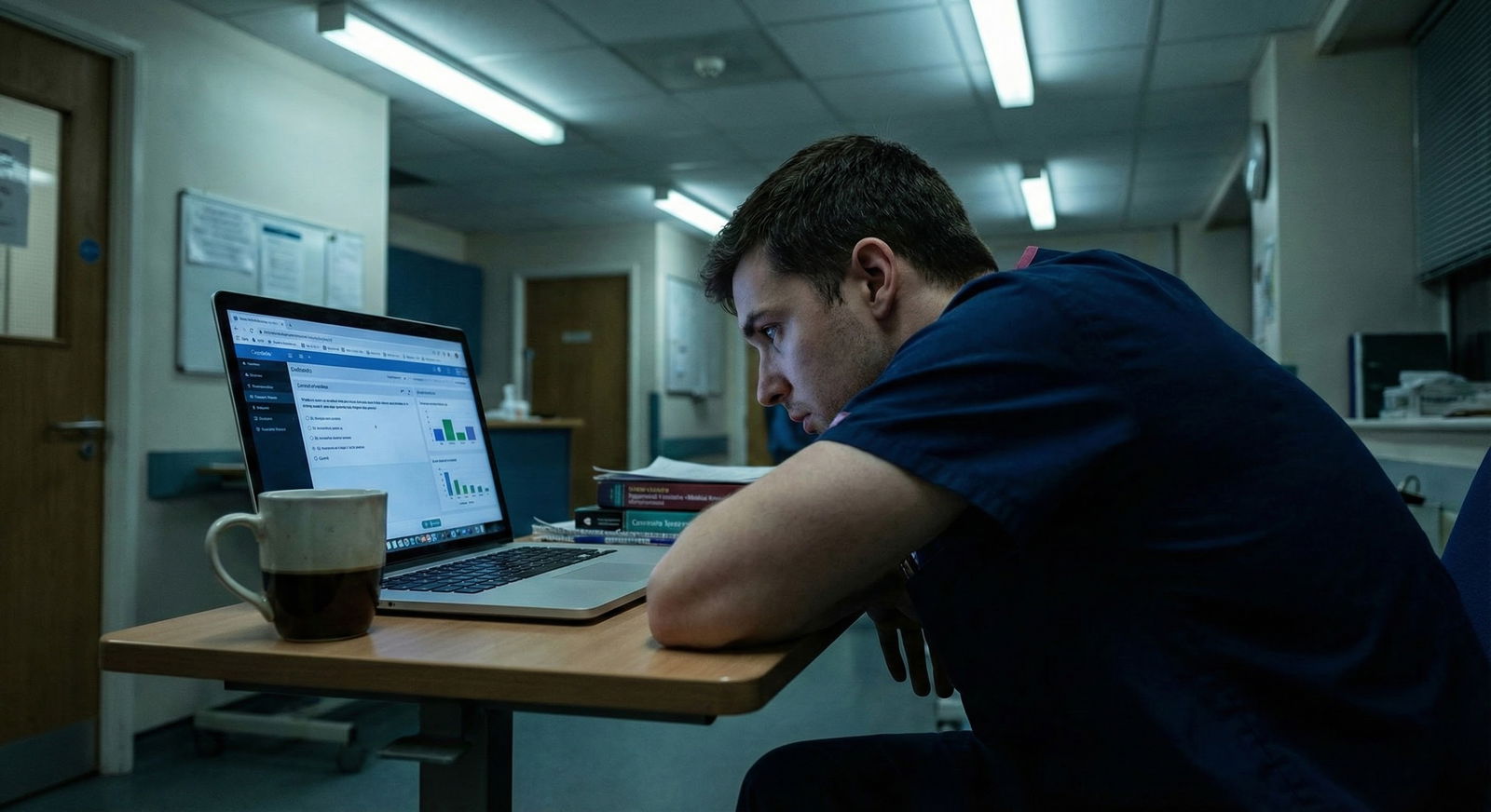 Medical student doing question bank at night in call room -  for If You Must Take Step 2 CK During Sub-I: Time Management Tac