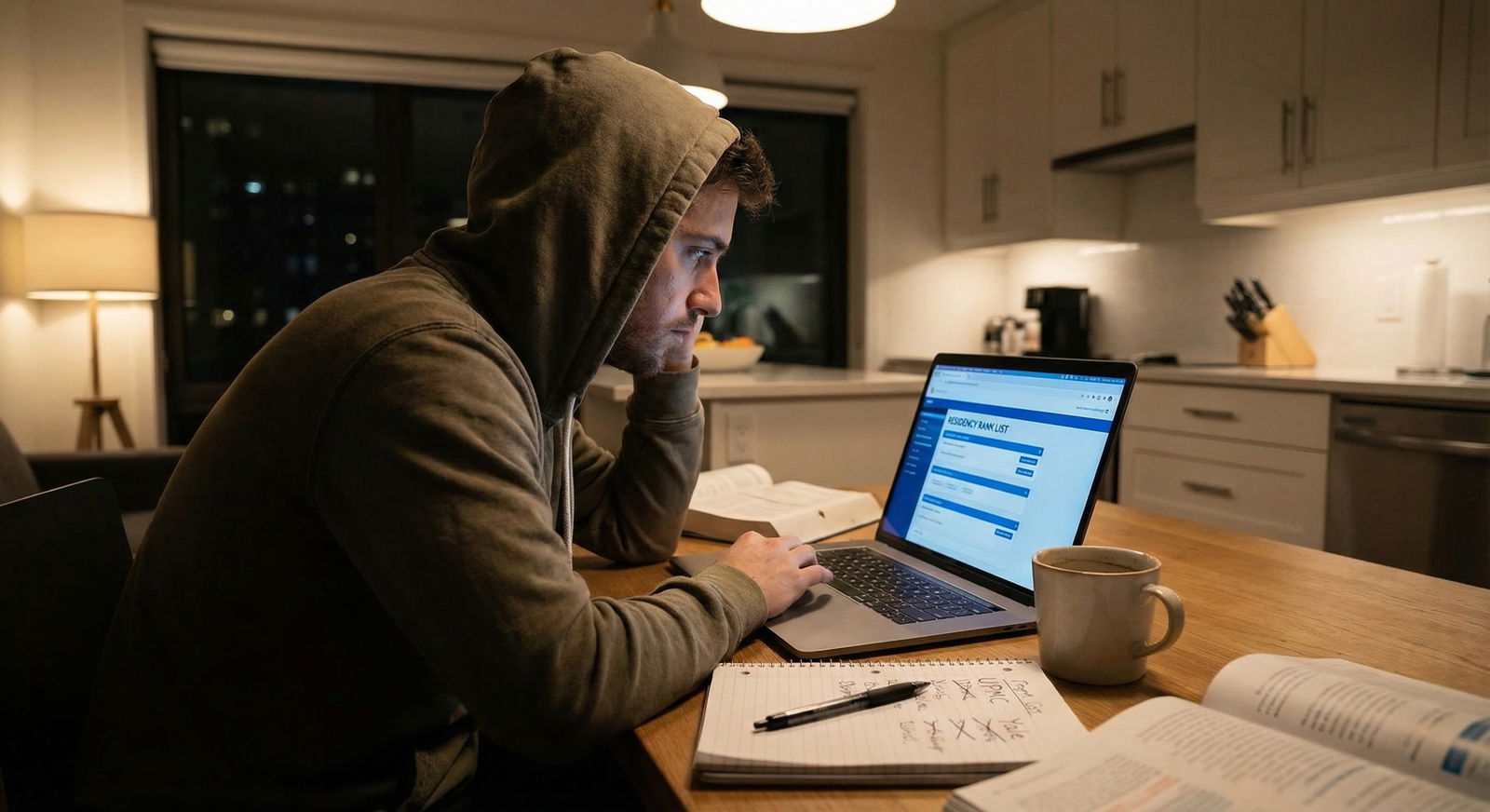 Medical student finalizing their NRMP psych rank list on a laptop at night -  for How Many Psych Programs Should You Rank to