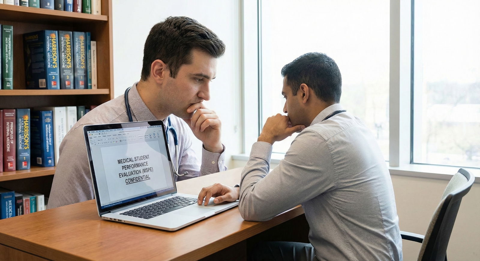 Medical student looking at computer reviewing MSPE with concerned expression -  for How Honest Should You Be About Burnout in