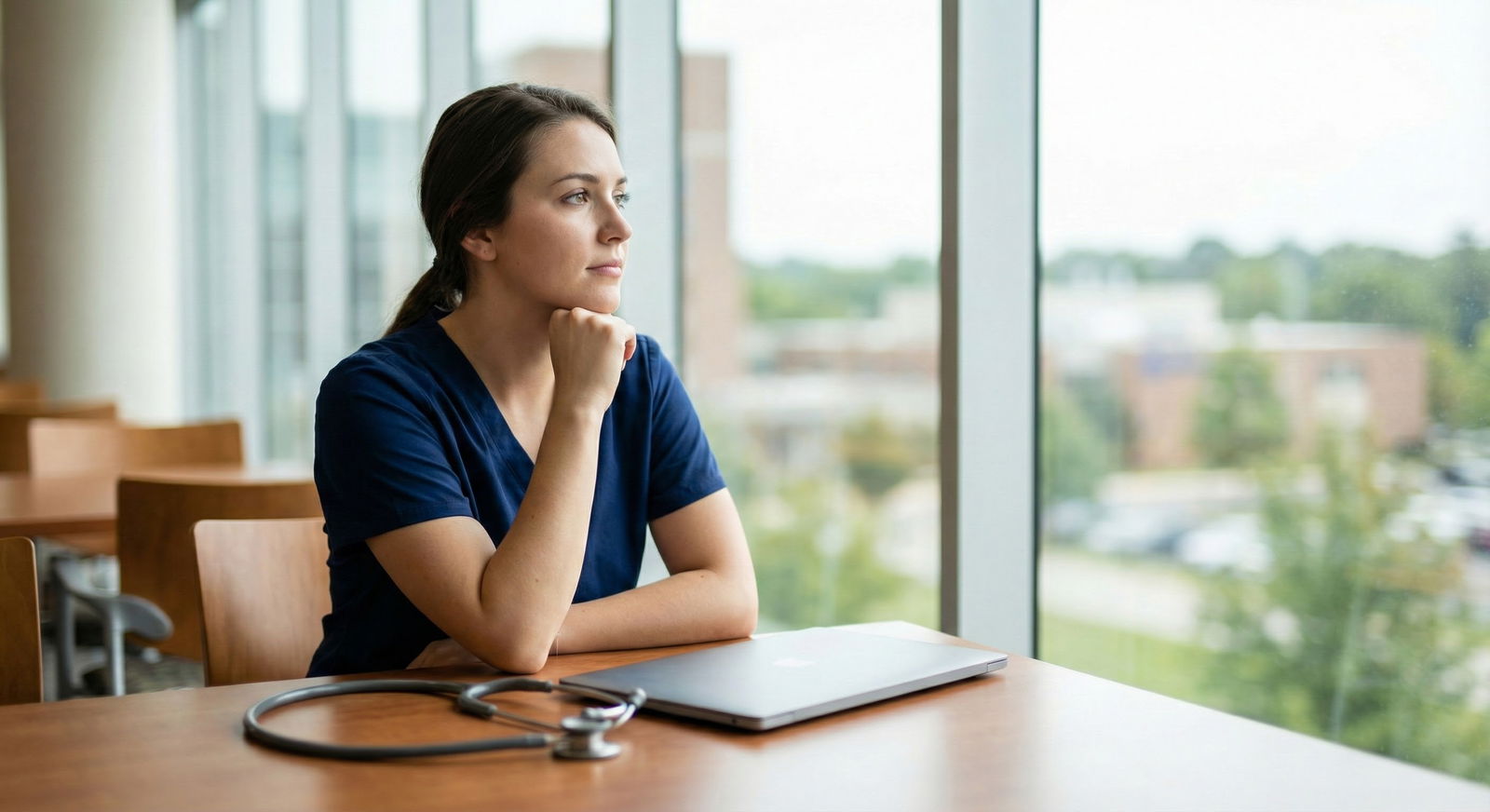 Medical student looking out a hospital window reflecting during a break -  for Can You Still Match Competitively After a Ment