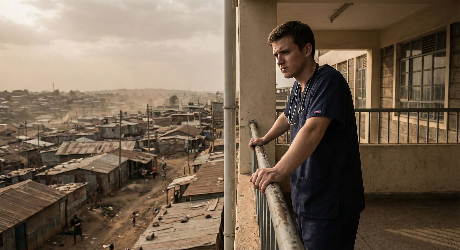 Physician walking through a busy foreign city street at dusk, looking cautious but determined Physician walking through a busy foreign city street at dusk, looking cautious but determined - for Anxious About Safety Abr
