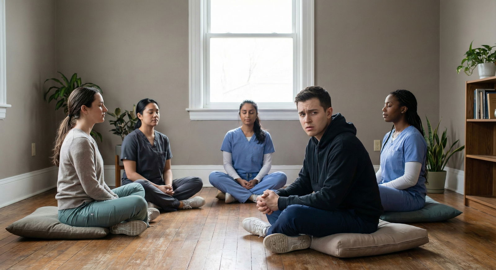 Medical student practicing brief mindfulness between classes -  for How Do I Start a Mindfulness Practice as a Med Student Wi