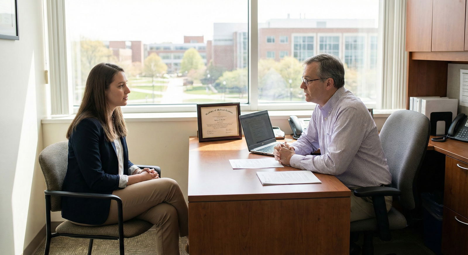 Medical student meeting with clerkship director in office -  for Should I Tell My Attending or Clerkship Director About Exam