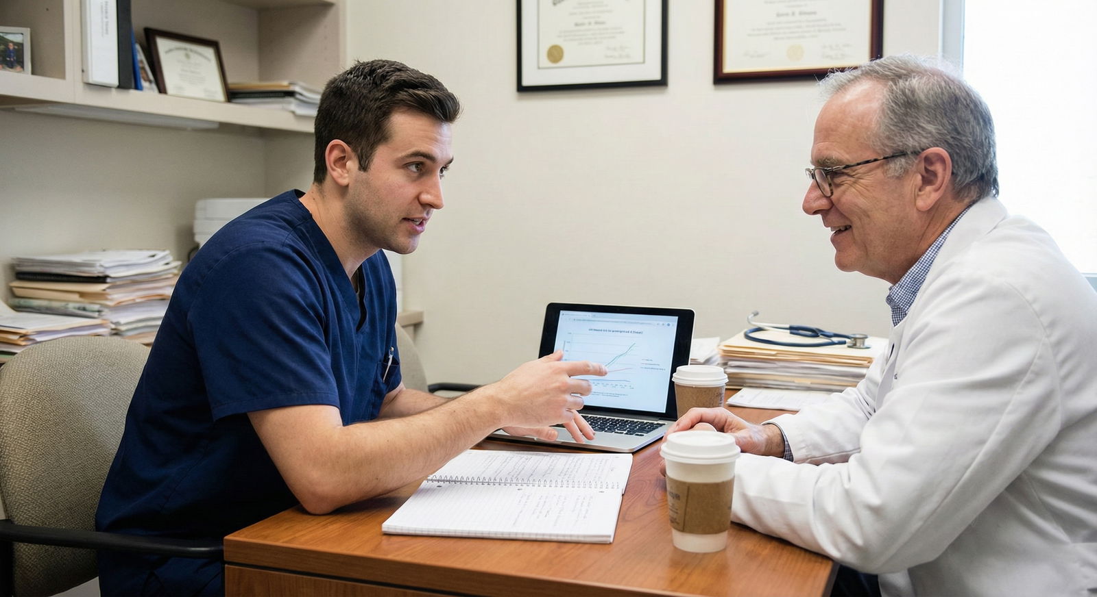 Medical student meeting with mentor in hospital office -  for Is It Too Late to Network If I’m Already an MS4 or New Resident