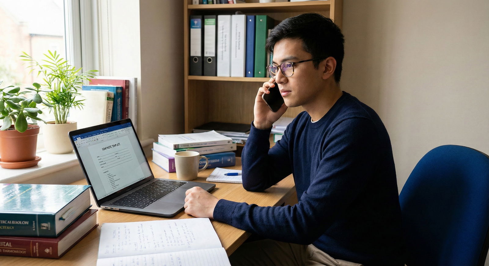 Medical graduate sitting at desk late at night reviewing SOAP options on laptop -  for If You Failed a Board Exam and Landed