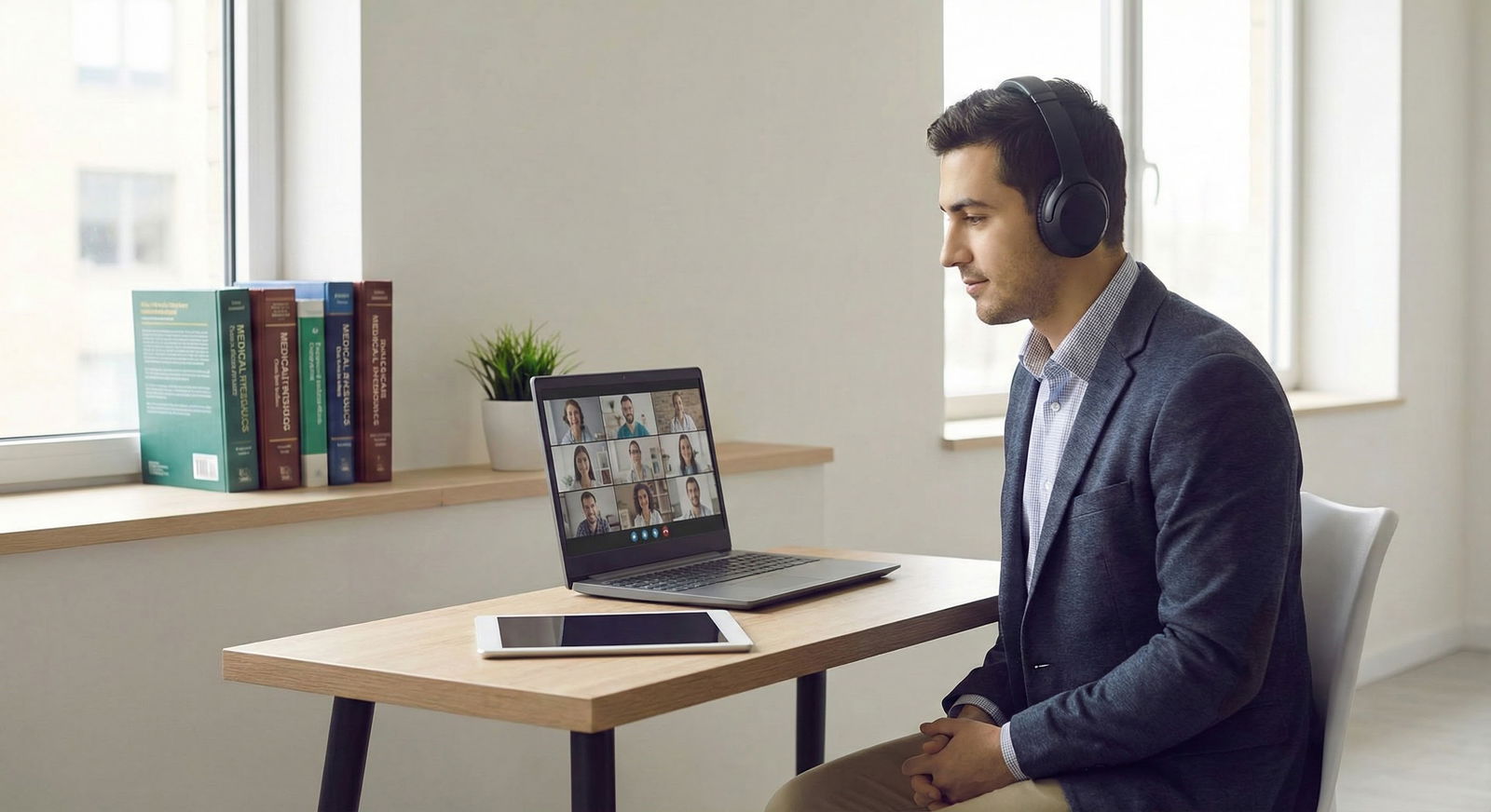 Medical student on Zoom residency interview in professional home setup -  for How Your Zoom Background and Tech Setup Signal