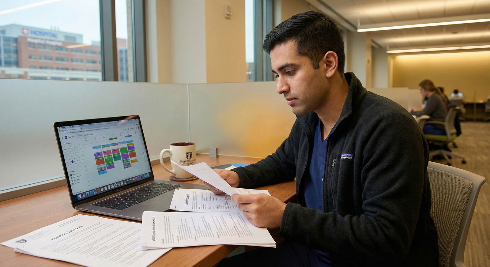 Medical student planning away rotations on laptop with calendar and documents -  for Away Rotation Planning Timeline: Deadlin
