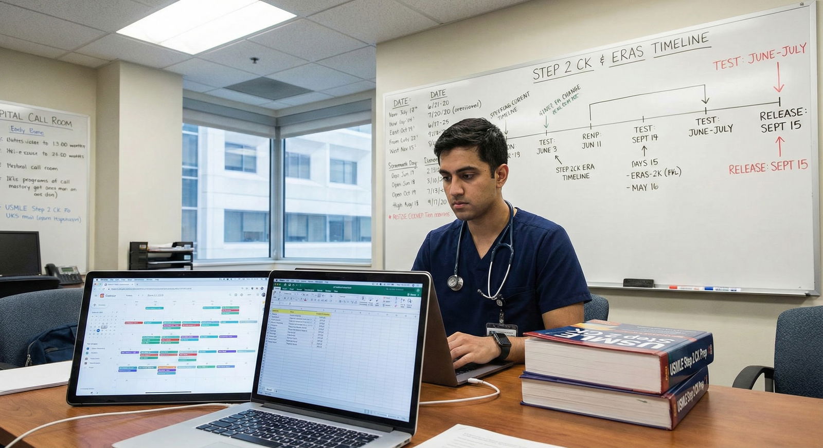 Medical student planning Step 2 CK and ERAS timing on laptop -  for Step 2 CK and ERAS Timing: When to Test and When to Relea