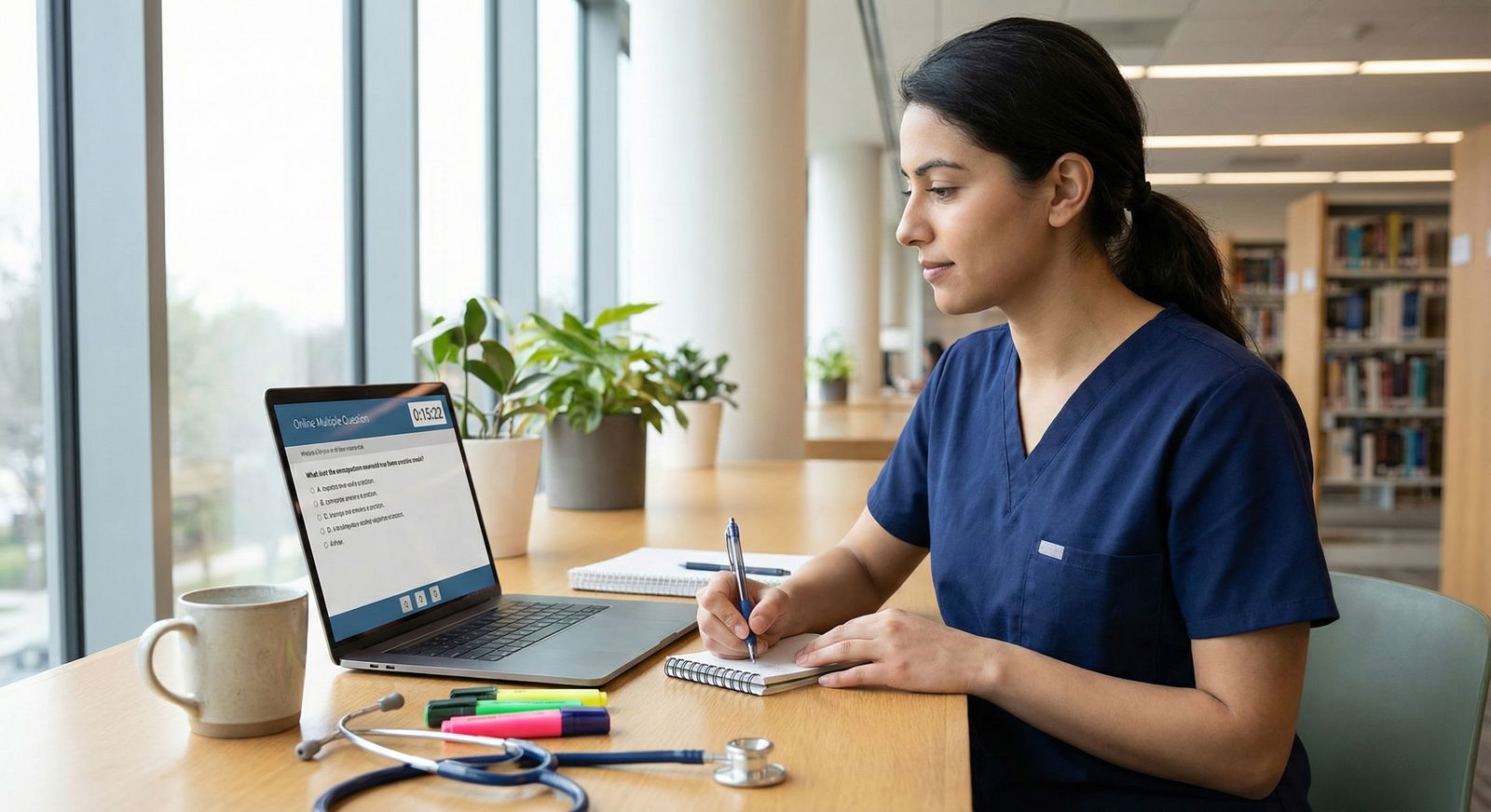 Medical student practicing timed questions on laptop to manage test anxiety -  for Can I Use Test Anxiety to Explain a Step R