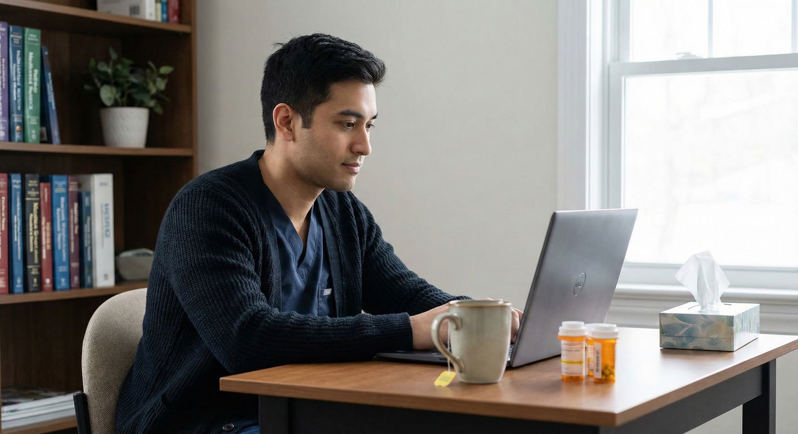 Medical student preparing for a virtual residency interview with tea and medication -  for Virtual Interviewing While Sick: W