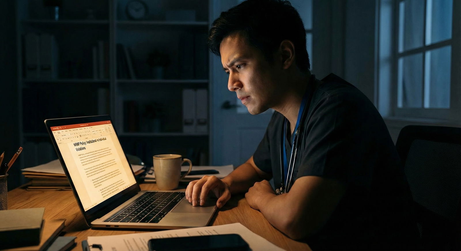 Residency applicants reviewing NRMP Match rules with data charts on a laptop -  for NRMP Violation Statistics: How Often Appl