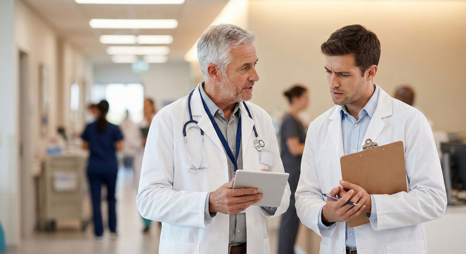Medical student receiving feedback from senior resident in hospital hallway Medical student receiving feedback from senior resident in hospital hallway - for Mismanaging Call Schedules on Sub‑Is: A Qu