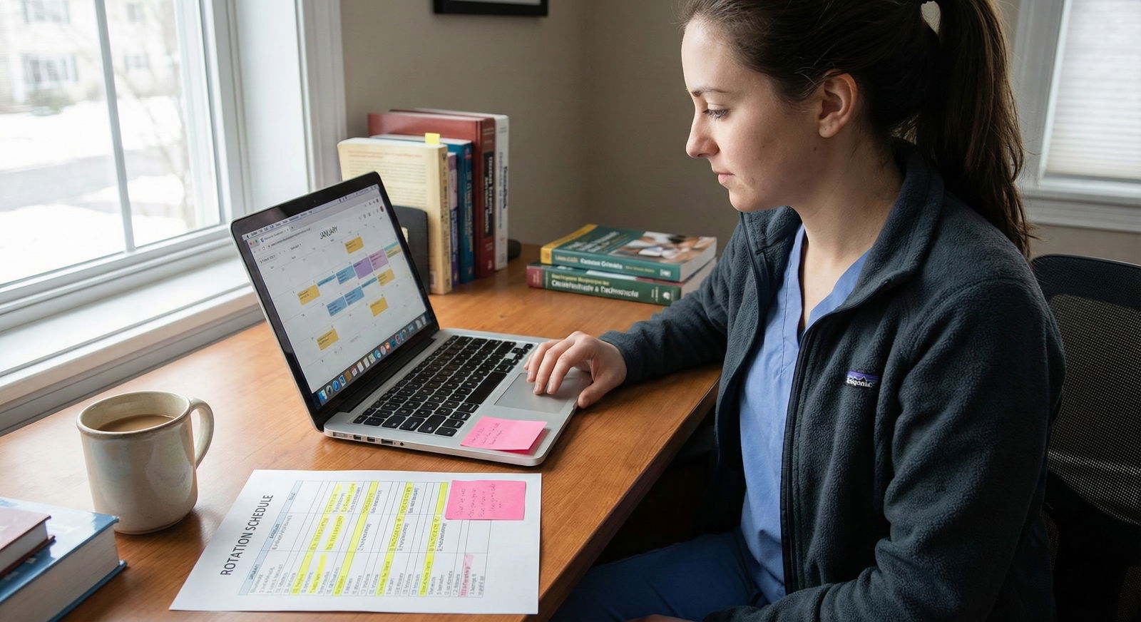 Medical student reviewing a calendar and rotation schedule with sticky notes -  for January to February: Slotting Second Look