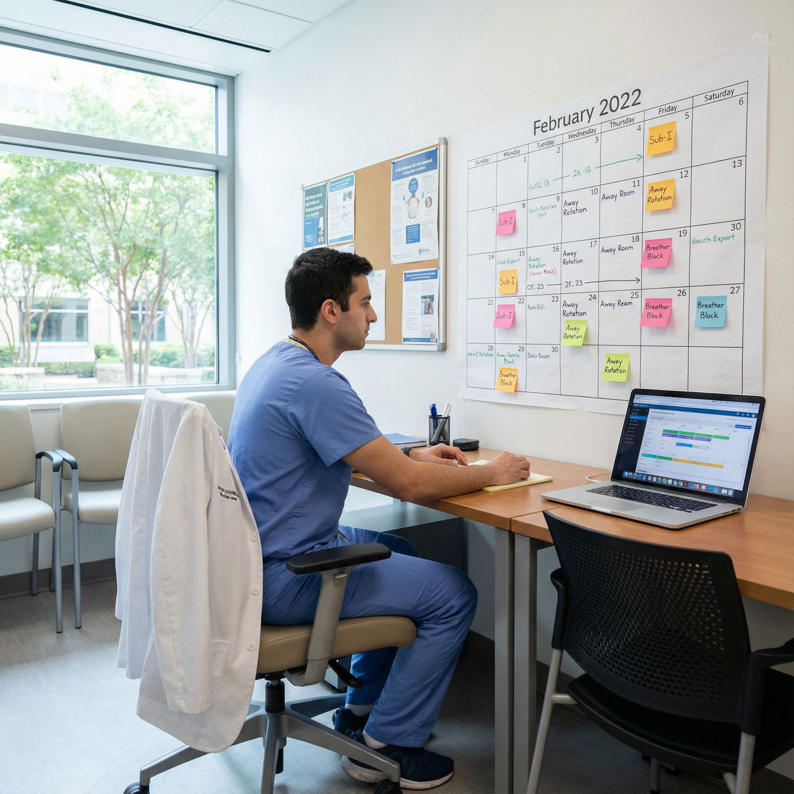 Medical student reviewing a calendar and rotation schedule Medical student reviewing a calendar and rotation schedule - for Designing Your MS4 Year: Sub‑I, Away Rotations, and Breathe