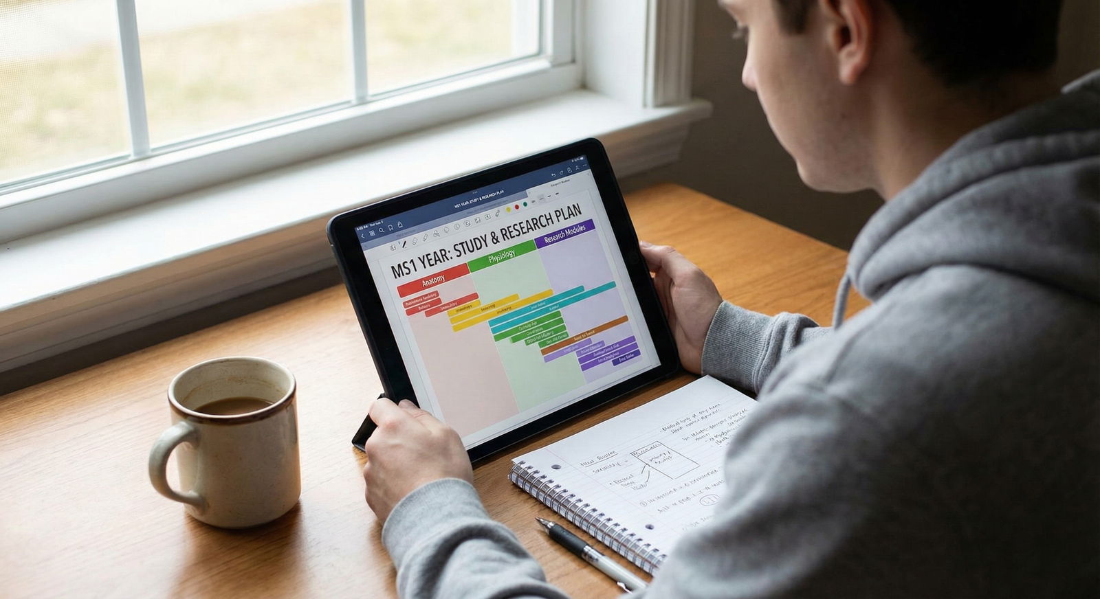 Medical student reviewing a long-term study and research plan on a tablet -  for MS1 Year: What to Front-Load Now That Step 1
