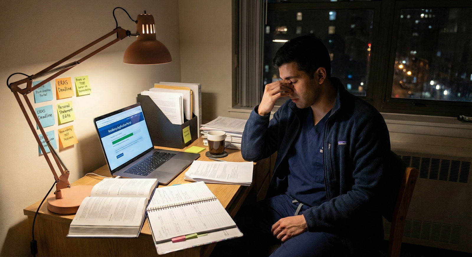 Medical student reviewing ERAS application on laptop at night -  for One Month Before ERAS Submission: Final Checklist and Re