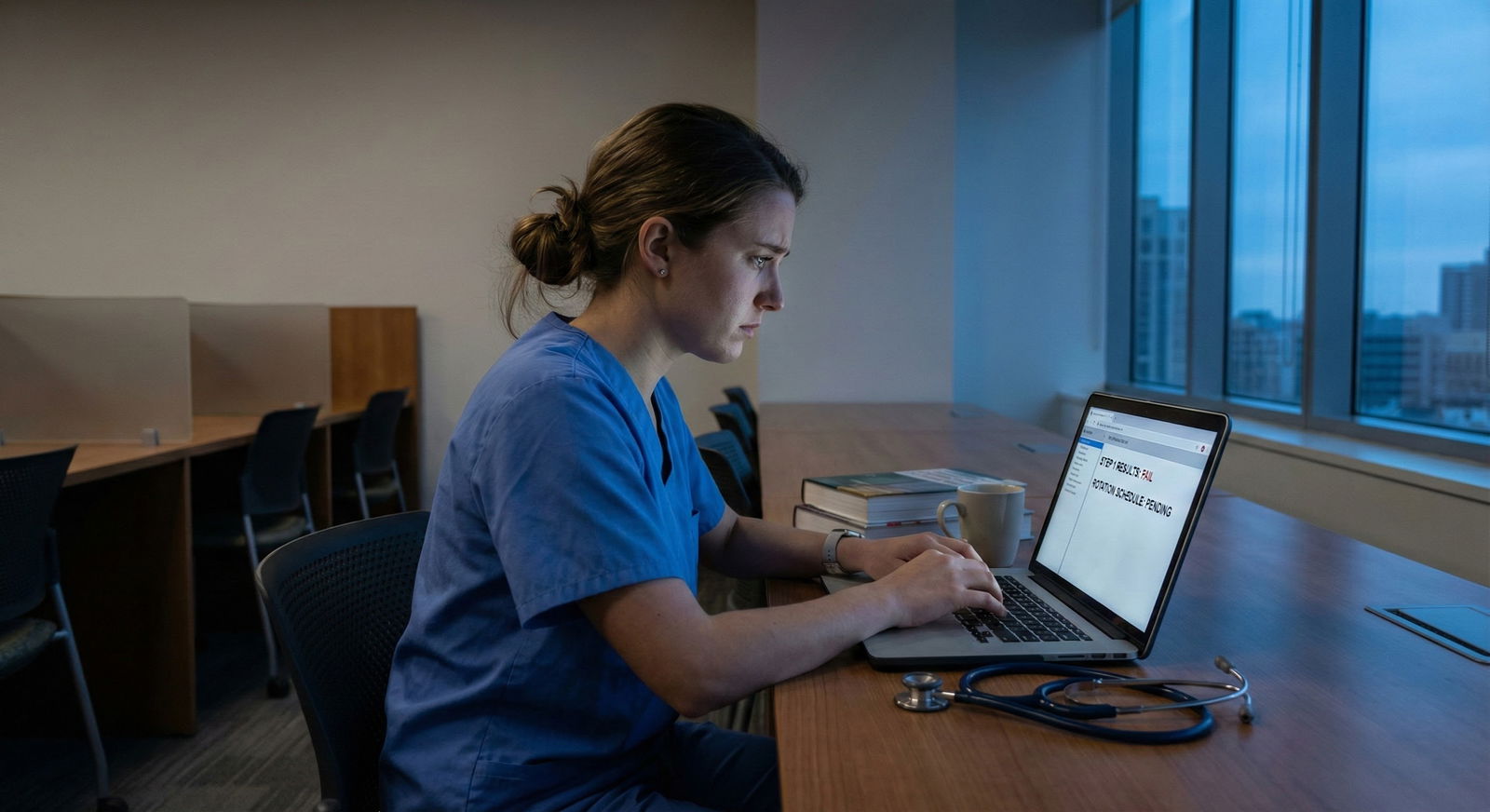 Medical student reviewing exam results alone in a study room -  for If You Failed Step 1 Right Before Rotations: How to Restr