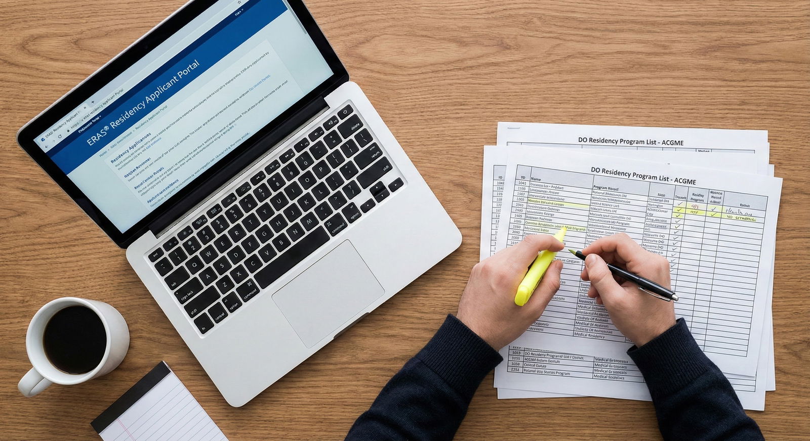 Medical student reviewing residency program websites and FREIDA with notes -  for ERAS Season for DOs: Week-by-Week Applicati