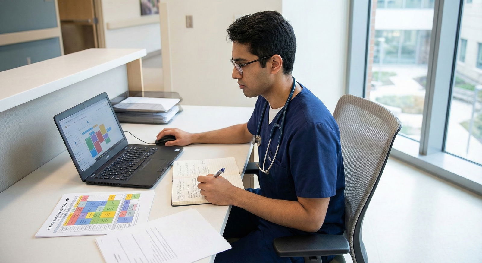 Medical student reviewing rotation choices on a laptop calendar -  for Timeline for Repairing a Professionalism Record Before