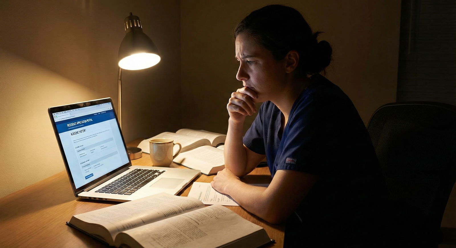 Medical student sitting alone late at night reviewing ERAS application on a laptop Medical student sitting alone late at night reviewing ERAS application on a laptop - for I Needed Extra Time to Graduate: Ho