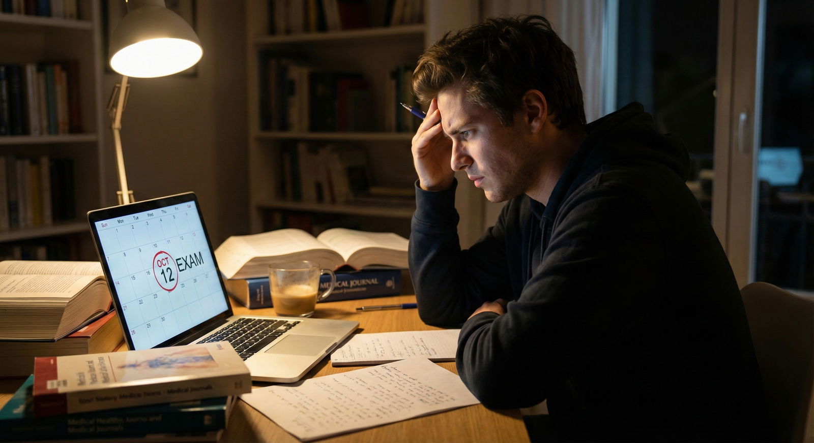Medical student sitting at a desk late at night, anxious about an upcoming exam -  for Can I Safely Reschedule My Exam Becaus