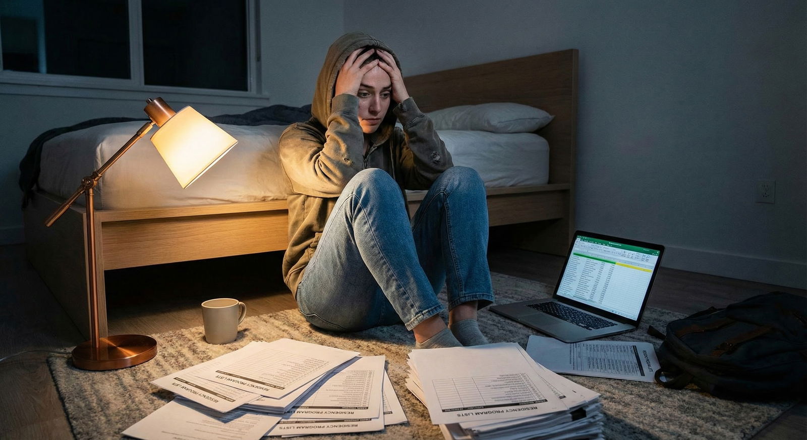 Medical student sitting on floor next to bed surrounded by papers and laptop, visibly stressed -  for Afraid My Rank List Is