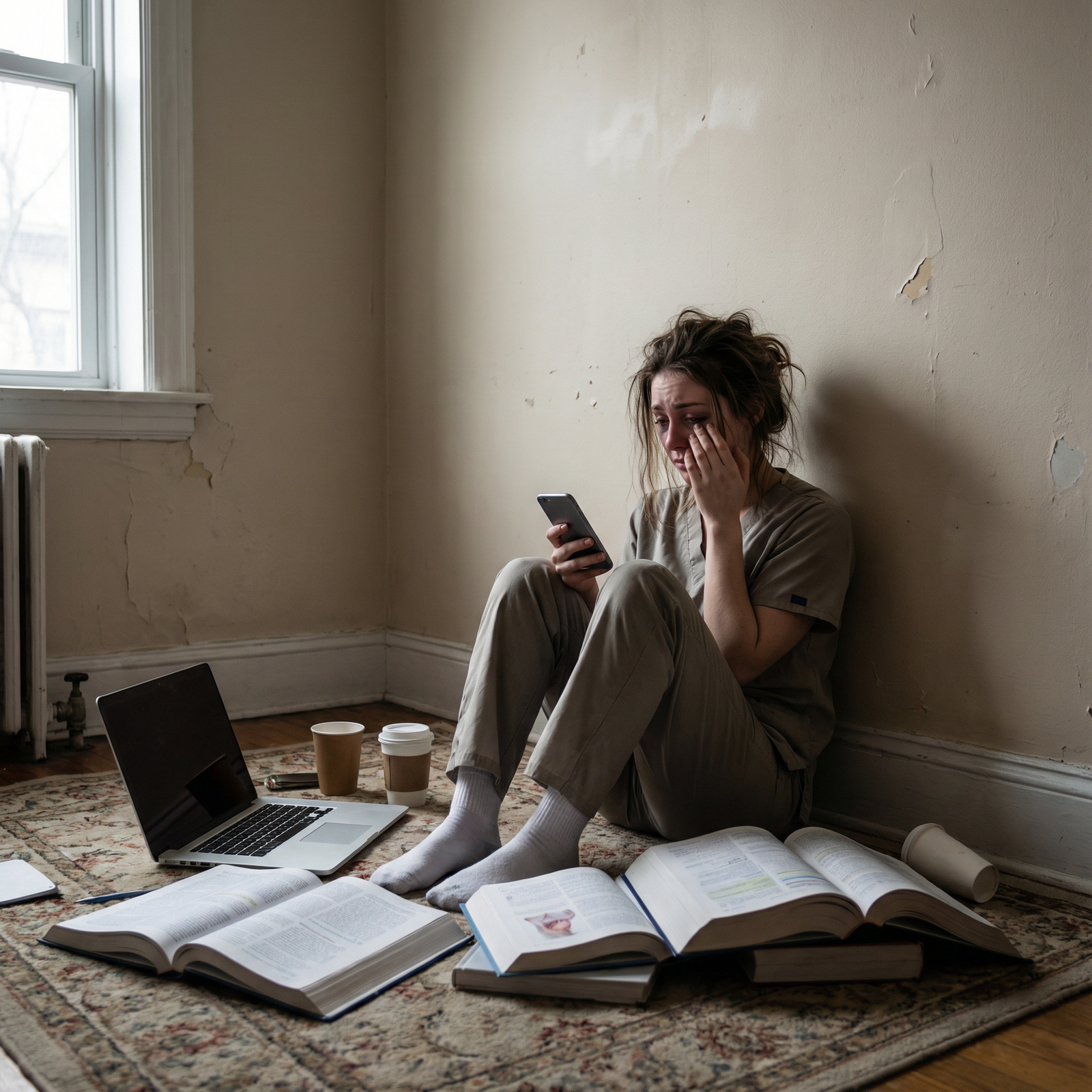 Medical student sitting on the floor against a wall with phone in hand, overwhelmed -  for Sleepless Over SOAP: What If Only