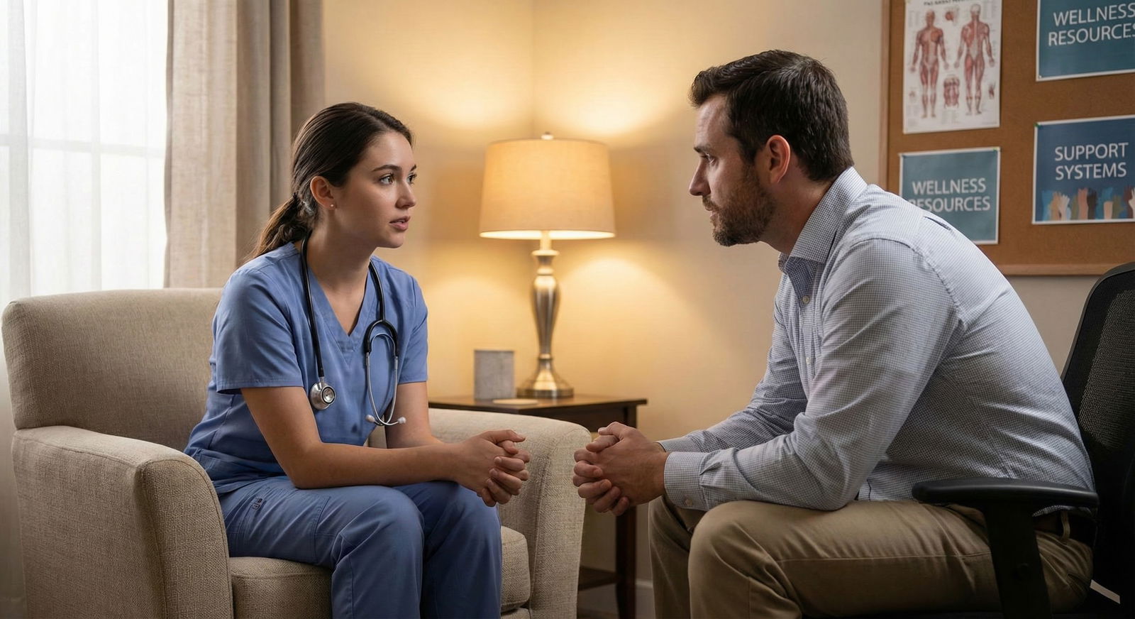 Medical student sitting with counselor discussing stress and mental health -  for Should You Tell Attendings About Your Menta