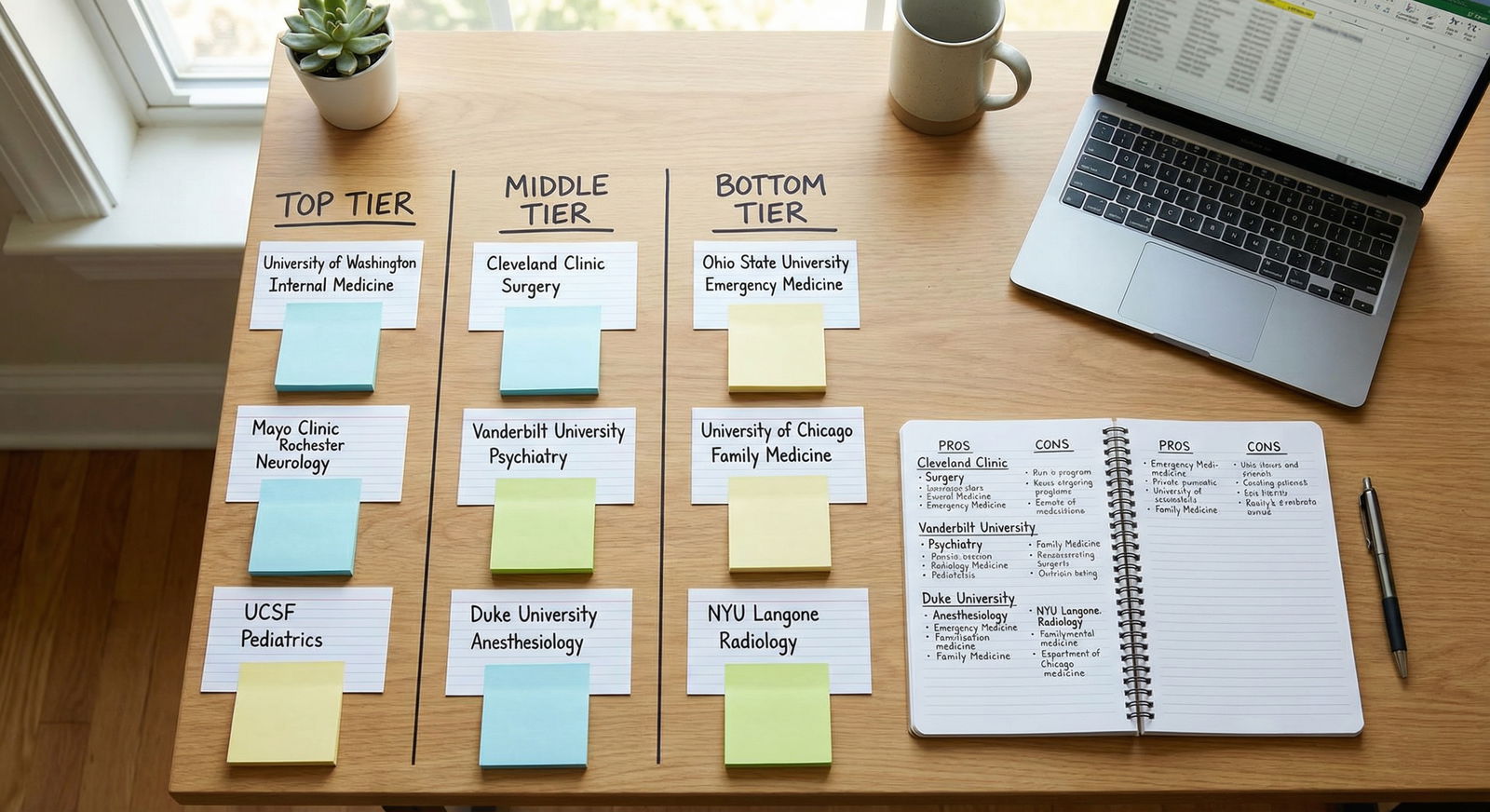Medical student sorting residency programs into tiers with sticky notes -  for Deadline Week Survival Plan: Avoiding Panic Ch